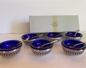 $120 Set of six never used Sterling cobalt salt cellars with spoons 