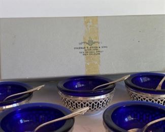 $120 Set of six never used Sterling cobalt salt cellars with spoons purchased at Adler in New Orleans
