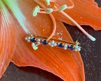 14kt yellow gold pearls and sapphires pin bar $150