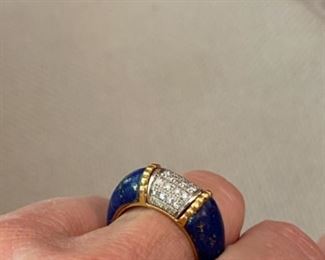 18kt yellow gold Italian made lapis lazuli ring with diamond pave center sz 7 $650