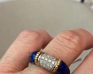 18kt yellow gold Italian made lapis lazuli ring with diamond pave center sz 7 $650