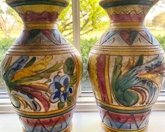Pair Italian Pottery Vases.  10"  Hand painted Excellent condition.