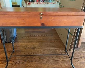 Salvaged Antique Lumber Storage Console Table. The wood for this table came from distribution center in Atlanta.  Wood was salvaged and recycled  The stand is black iron  38"x12"x32  $125.00