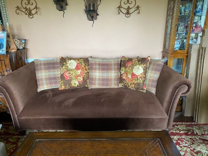 Beautiful like new Ralph Lauren Brown Velveteen Sofa with 5 Ralph Lauren Pillows.
88" long 41" wide from back to front and 32" high. $650.00