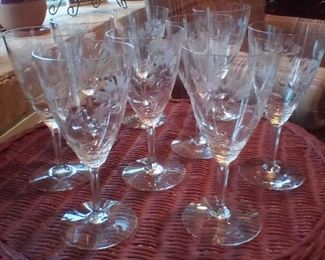 Vintage Set of 10 Etched Crystal and Glass 7" Wine Glasses Gorgeous  Excellent condition, no chips.  $25.00
