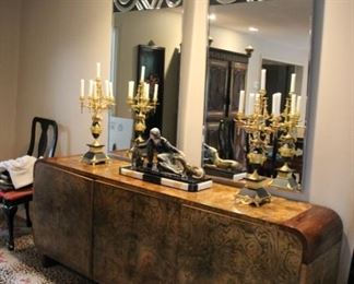 Burlwood deco style sideboard, pair Deco style mirrors by Giorgio Zennaro