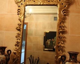 Louis XV style gilt wood mirror & antique Quanyin marble sculpture