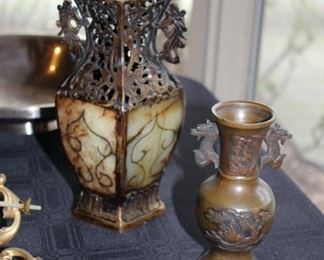 Ming bronze & inset jadite vase