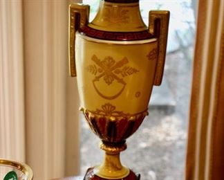Pair yellow urn form porcelain lamps