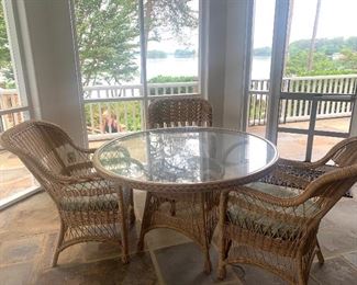Glass top wicker table and 3 chairs (all-weather)