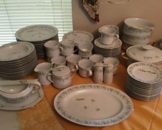 96 piece  set of China; most items are 12 pieces each including  plates, salad plates, dessert plates, dessert bowls, soup bowls.  Additional completer pieces include S/P shaker set, gravy boat with under plate, sugar & creamer, platter, 3 serving bowls & covered bowl. 
