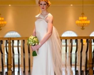 Bridget, #1101, White A-line asymmetrical gown, sample size 4, Retail $ 2,822