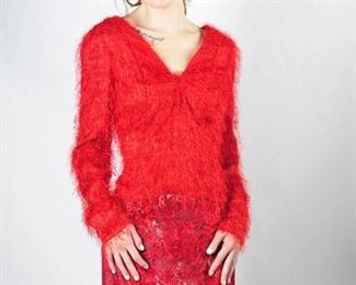 Mattie, #1126, size 4, red long sleeve fuzzy top w/ burnout velvet skirt, $1,375