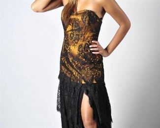 Kristin, #1135, size 6, black/gold strapless chantilly lace gown, $3,355