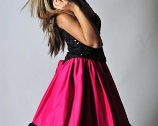 Deb, #1119, size 4, black sequin bustier w/ magenta feathered skirt, $946