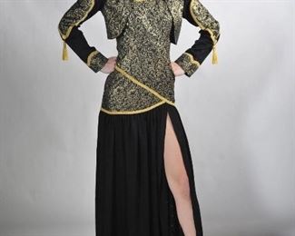 Samaya, #1130, size 4, Black/gold asymmetrical tank gown w/ bolero, $2,882