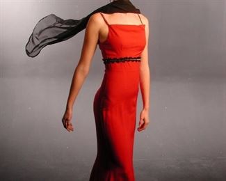 Sonya, #1050, size 4, red umprie cut spaghetti strap gown, $1,265