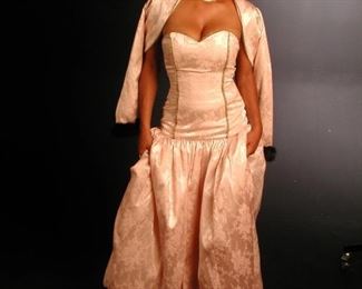 Sondra, 2 pc, Rum pink/gold strapless brocade gown w/ bolero, $4,169
