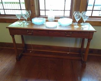 Wood Buffet table, glass plates, wine goblets, decanter