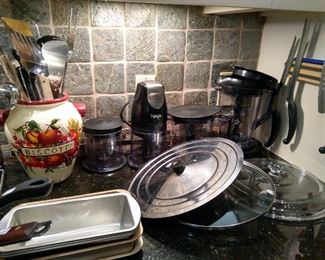 Kitchen utensils, Biscotti urn, Ninja & accessories, pans, lids, knives