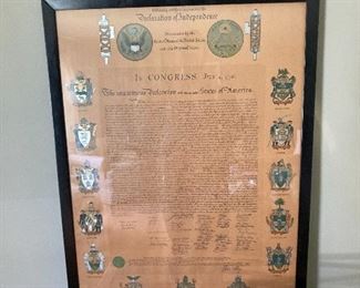 Vintage framed Declaration of Independence