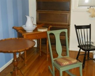 Pie crust table, antique rockers, washstand