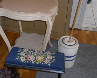 butter churn, needlepoint stool