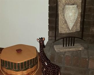 Longaberger basket, giraffe & wrought iron/stone art piece