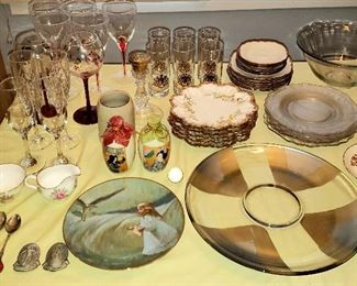 Stemware, gold trim glasses, gold trimmed china plates, cream & sugar bowl set etc.