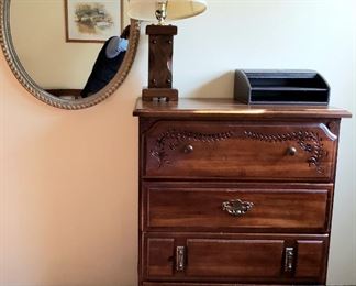 Four drawer chest, lamp & mirror
