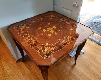 Elegant Italian marquetry game table, w/ chess, backgammon, roulette