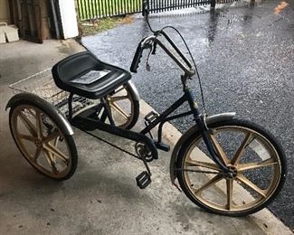 Great vintage three-wheeler with a rear-view mirror and a basket in the back - handlebar brakes