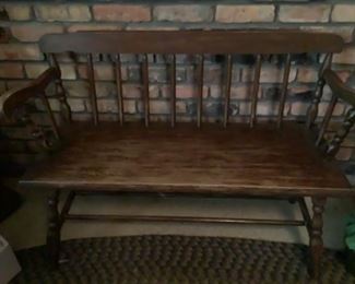 Wide wood spindle leg bench