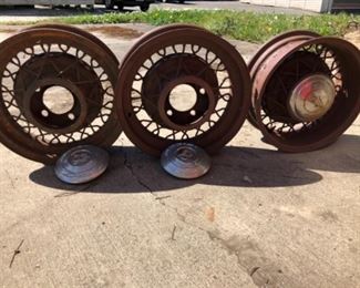 Three 1930's Kelsey Hayes Bent Wire Rims with V8 emblem hub caps.