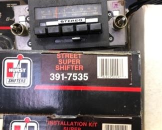 Vintage Ford Push Button AM/FM Car Dash Radio, Hurst Street Super Shifter (391-7535), Hurst Installation Kit Super Shifter for Toploader tran (373-0014)
