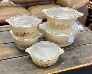 Vintage PYREX Nesting Bowls,  "Forest Fancies Mushroom" Pattern, 5 Pieces with Lids