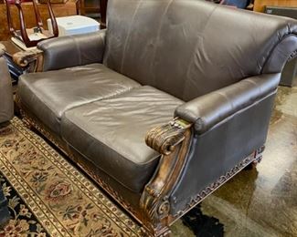 Wooden Accented Large Genuine Leather Loveseat 