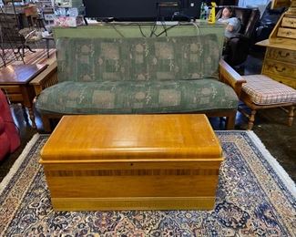 "CAVALIER FURNITURE CO." Vintage Cedar Lined Chest/Trunk and a Pine Framed Futon with Green Cushion
