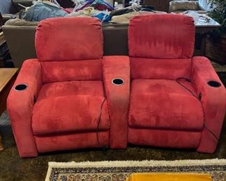 "BERKLINE, Morristown, TN" Pair of Red Upholstered Electric "Movie Theater" type chairs