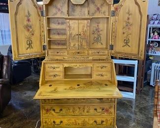 Very UNIQUE, 2-Piece, Solid Wooden, Hand-Painted, 8' Tall, Secretary with Mirrored Front Doors