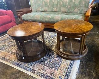 Two beautiful round wooden & glass end tables