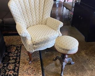 Antique Upholstered Tufted Back Chair with Ottoman