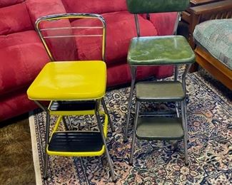 Two MCM, "COSCO" (c.1949) Green Step Stool with fold-out-steps and a Yellow "COSCO" Step Stool with a seat that folds up