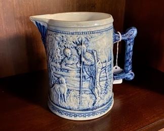 (c. Late 1800's) WHITE'S Utica, NY, Blue-Gray Stoneware Pitcher, with Cobalt Blue Handle and Homestead Motif, in great condition! (Height 6.75")