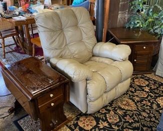 Tufted Tan Leather Recliner and 3 Vintage ETHAN ALLEN Solid Wooden End Tables, each made in a different design. 