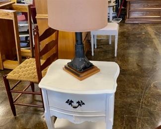 Antique Car Jack made into a One-of-a-Kind Lamp, by Mr. Cass Neighbors of Soddy Daisy, TN, and a Small French Provincial Solid Wooden White Night Stand