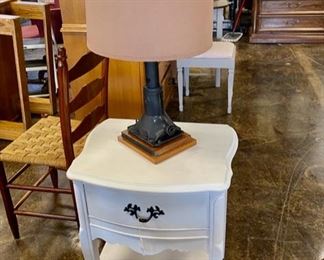 Antique FLOOR JACK custom made into an adorable lamp by Cass Neighbors, Soddy Daisy, TN and a White Wooden End Table with one drawer