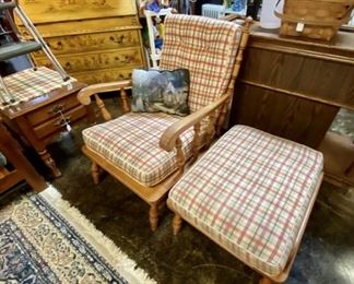 2-Piece Mid Century Modern, Solid Wooden, Upholstered Chair and Ottoman with an adorable plaid fabric