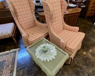 Pair of Narrow-Style, Wing-Back, Plaid Upholstered Chairs and a Green Antique Tea Table with Removable Glass Top Tray