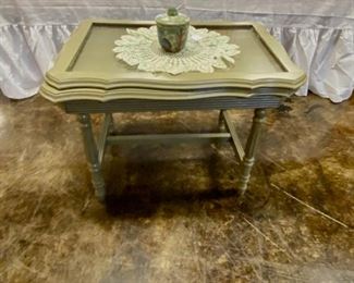 Closer view of the small Antique Tea Table with removable glass tray